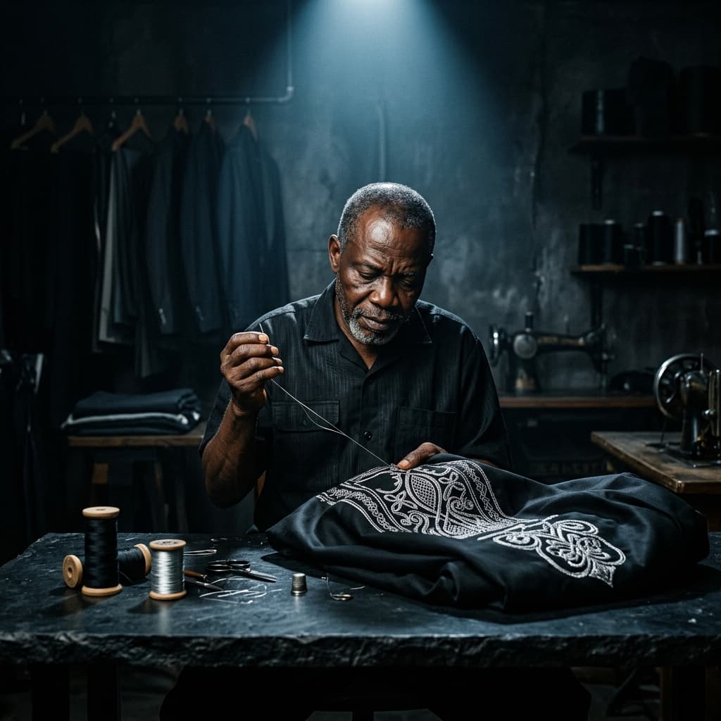 Heekings Apparel atelier — artisan crafting luxury African menswear